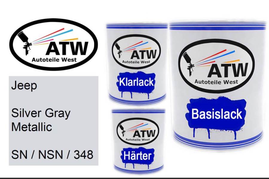 Jeep, Silver Gray Metallic, SN / NSN / 348: 1L Lackdose + 1L Klarlack + 500ml Härter - Set, von ATW Autoteile West.